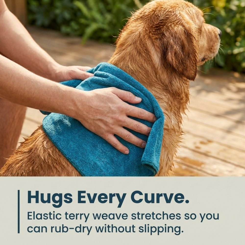 Elastic terry weave hugging a Golden Retriever's shoulders while drying