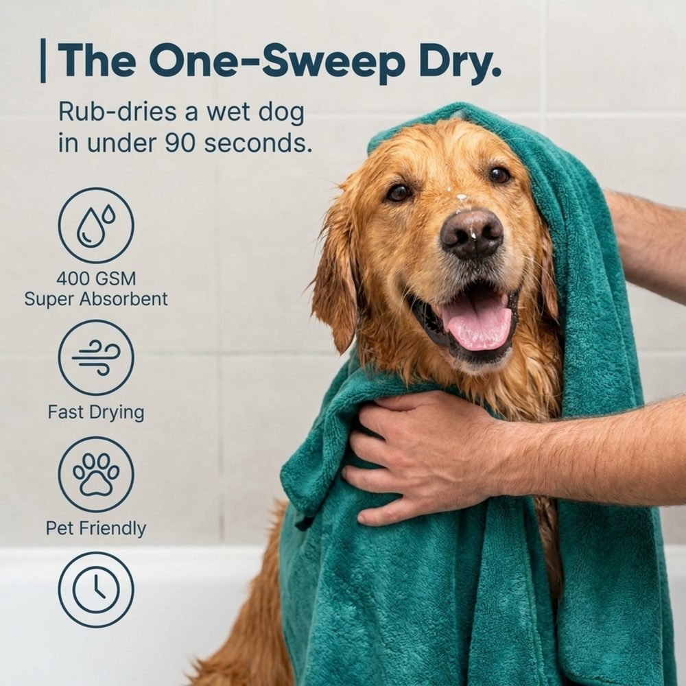The one-sweep dry — rub-dries a wet Golden Retriever in under 90 seconds