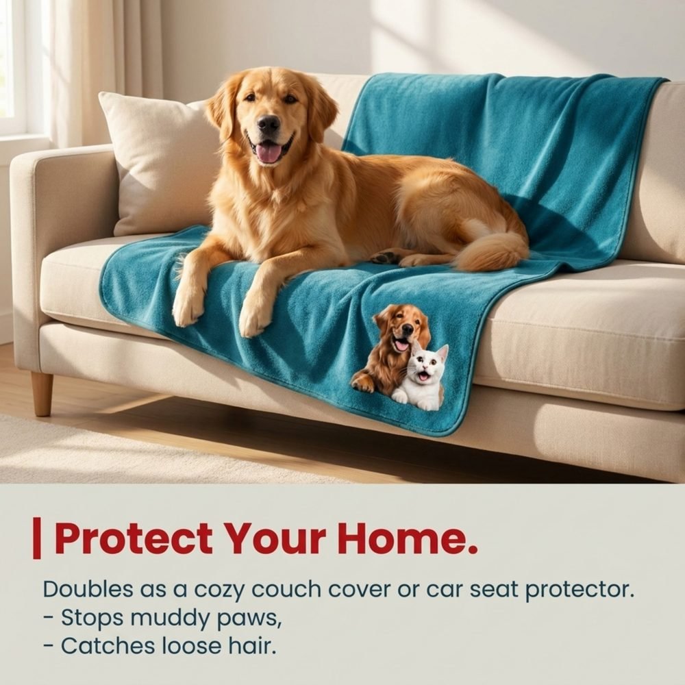 Golden Retriever lying on a towel-covered couch to protect furniture