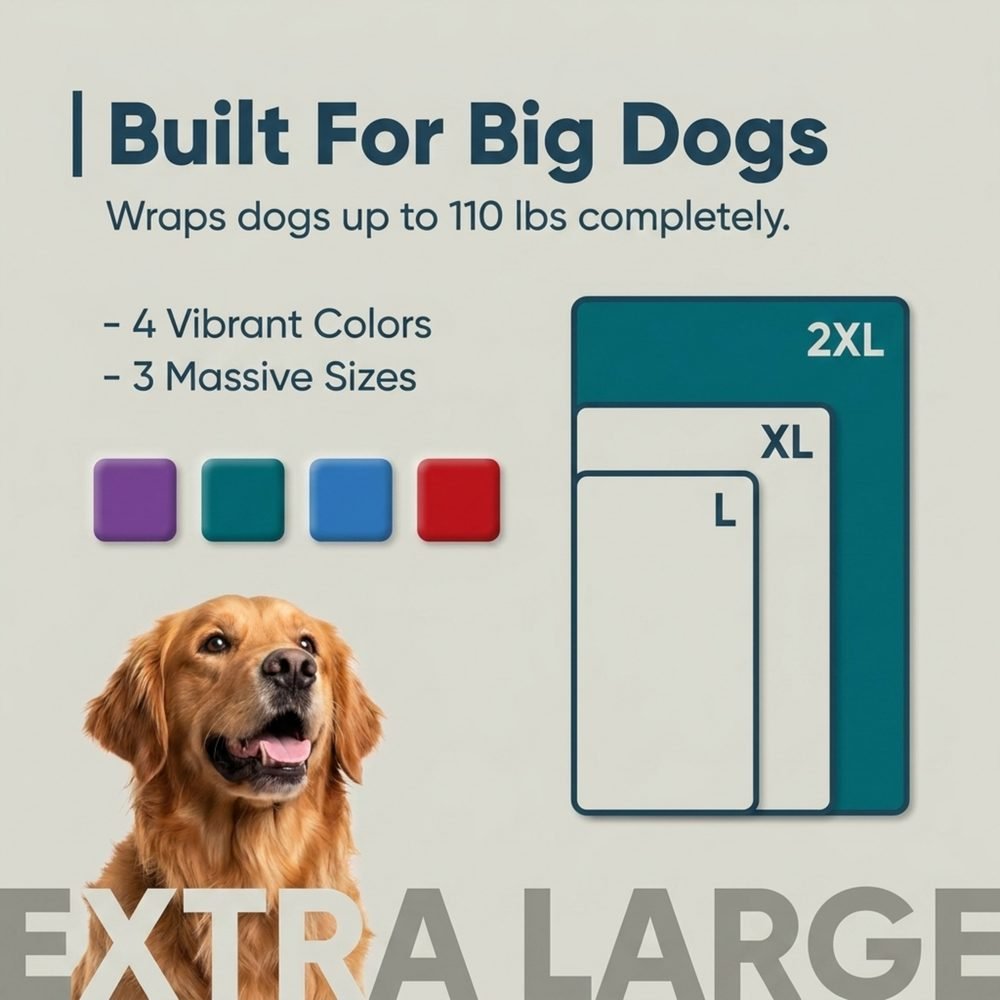 Built for big dogs — L, XL, 2XL size comparison in 4 colors, wraps dogs up to 110 lbs